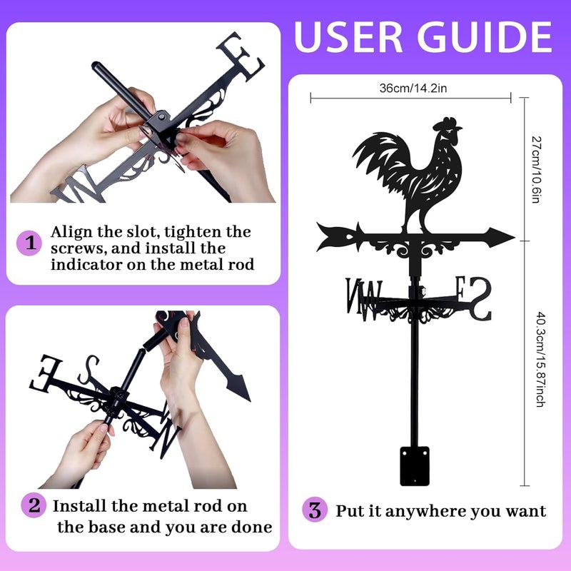 beinkmake 3D Rooster Weathervane Metal Wind Vane Weathercock Garden Decoration Wind Direction Indicator Stake Roof Mount Ornament for Farmhouse Yard Outdoor - Image 4